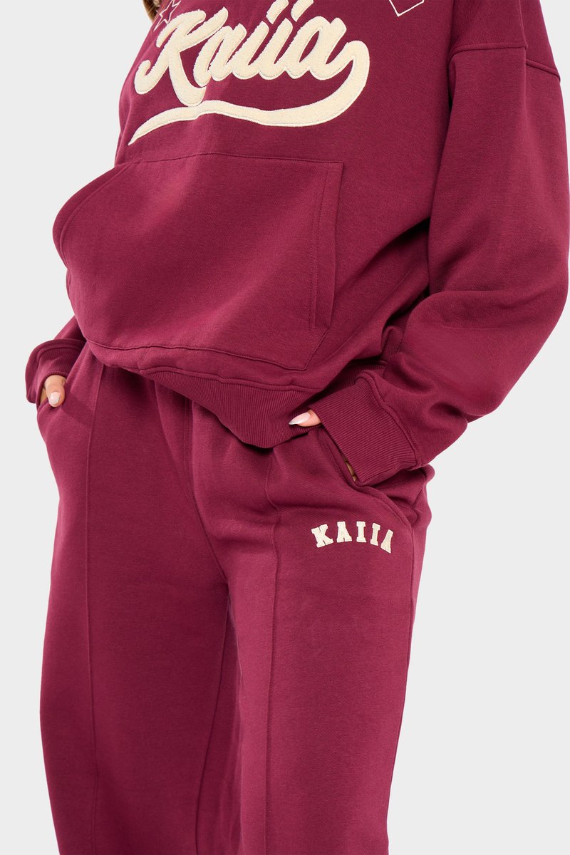 Kaiia Kaiia Slogan Seam Detail Wide Leg Joggers Burgundy & Cream - 3