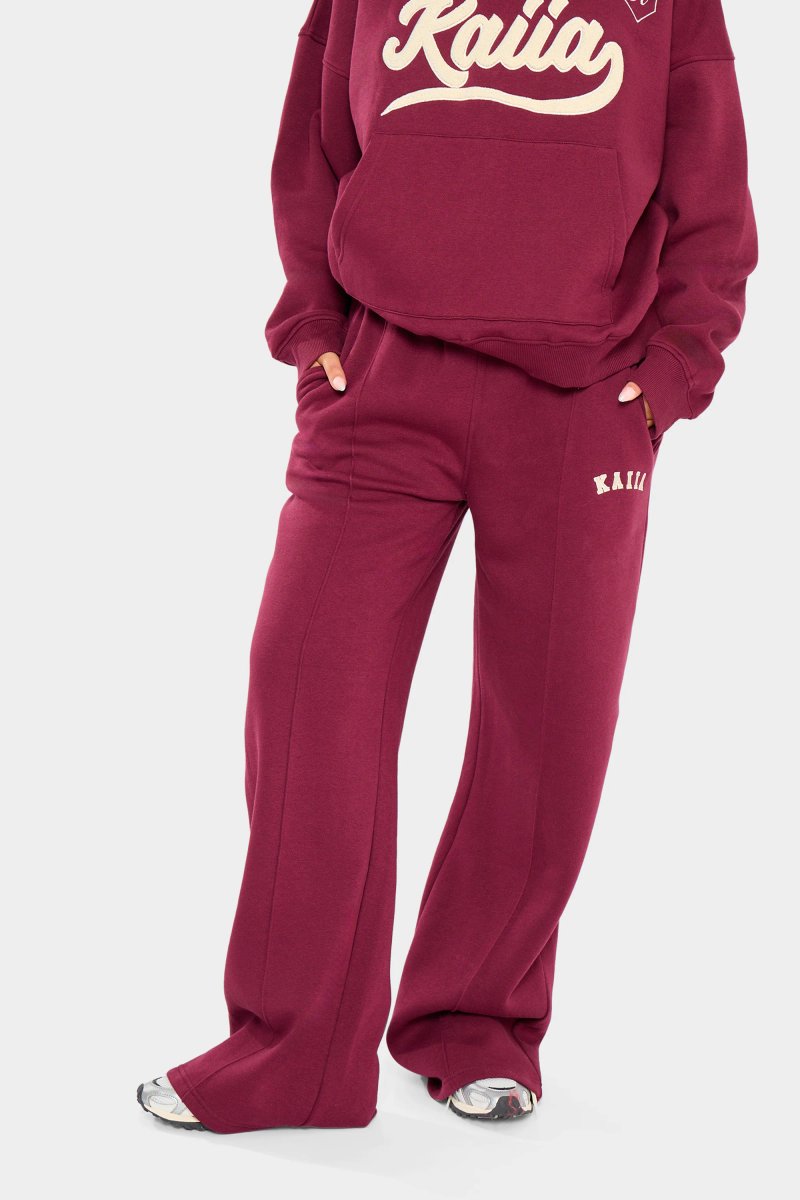 Kaiia Kaiia Slogan Seam Detail Wide Leg Joggers Burgundy & Cream - 4