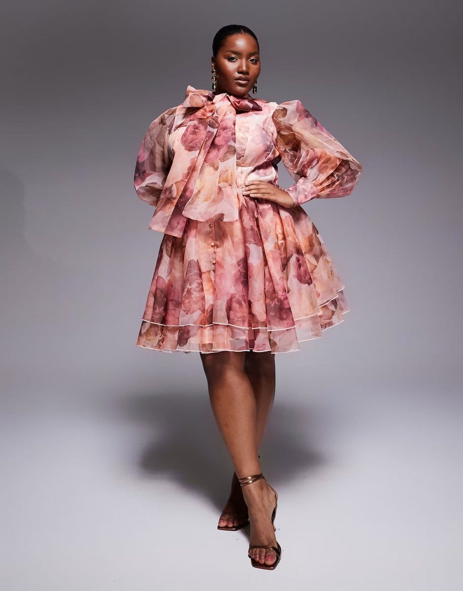 ASOS ASOS LUXE Curve organza swing dress with pussybow in pink floral print - 1