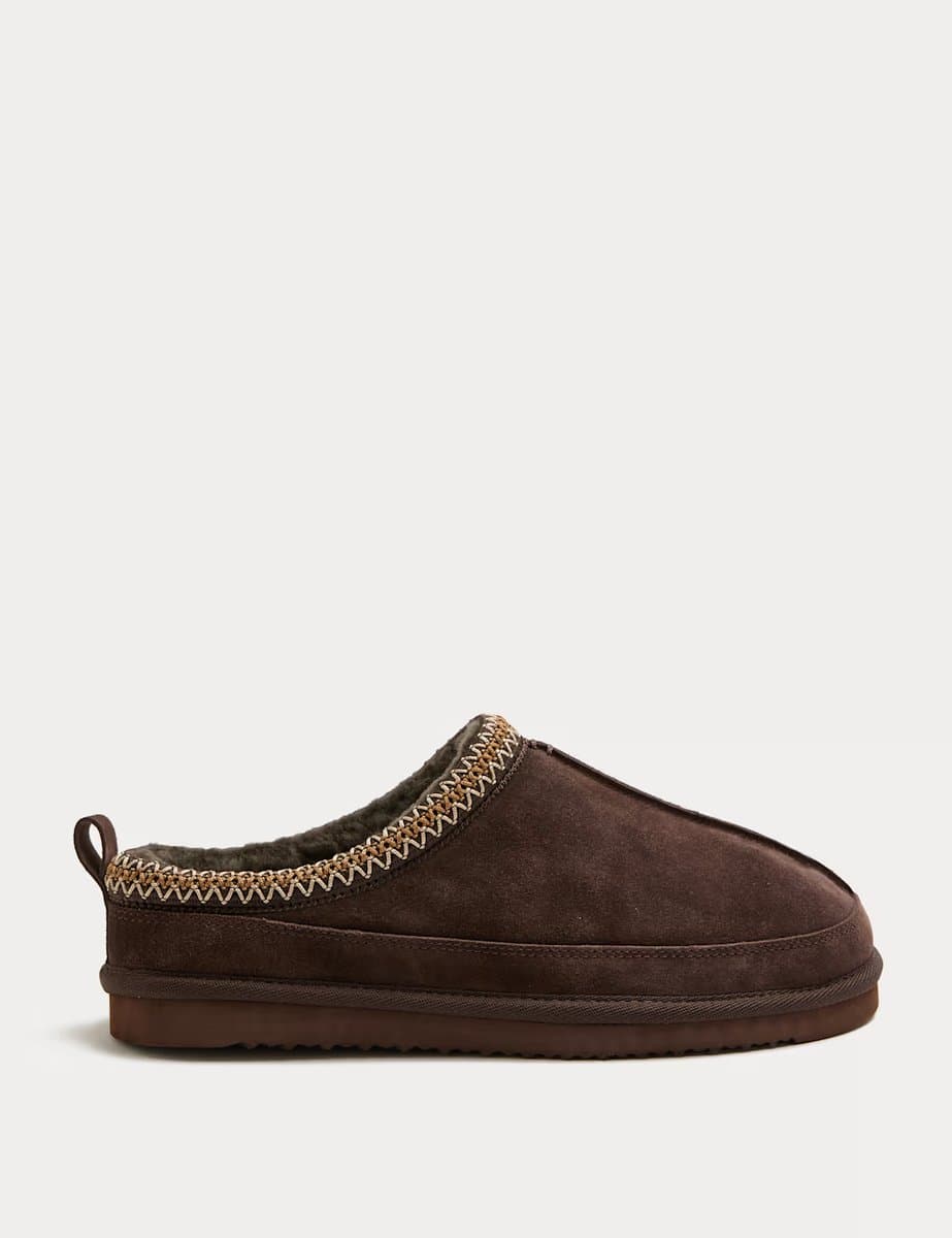 Marks & Spencer M&S Suede Collared Embroidered Mule Slippers Brown