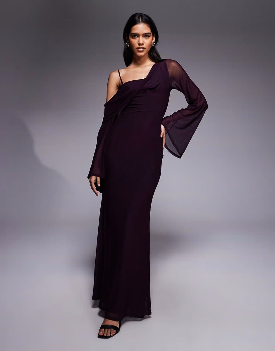 ASOS ASOS DESIGN mesh folded neckline midi dress with fallen shoulder in plum