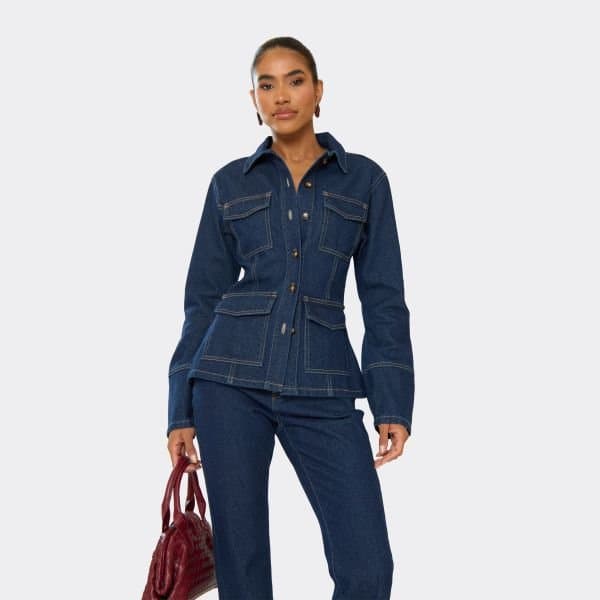 EGO Oversized Sleeve Cinched Waist Jacket In Indigo Blue Denim, Women's Size UK 6