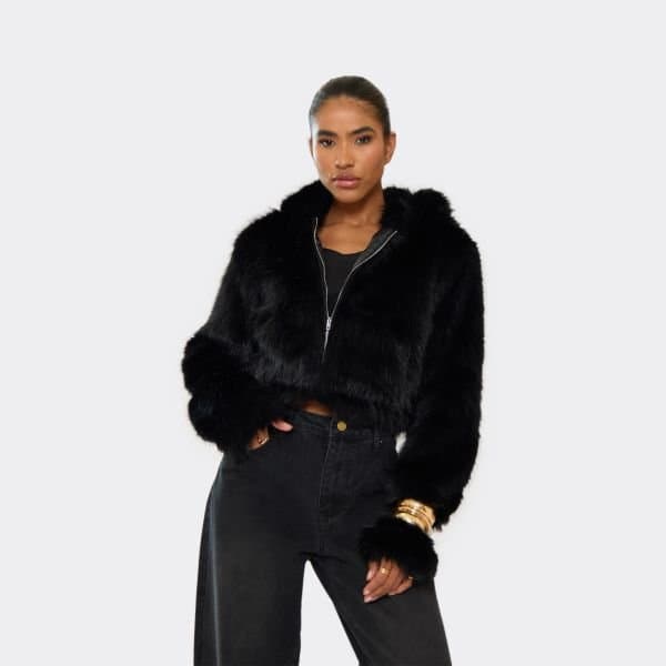 EGO Long Sleeve Zip Front Hooded Jacket In Black Faux Fur, Women's Size UK 6