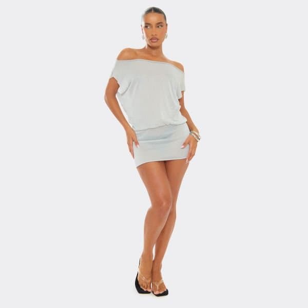 EGO Off The Shoulder Drape Fitted Hem Detail Mini Dress In Silver Shimmer, Women's Size UK Large L