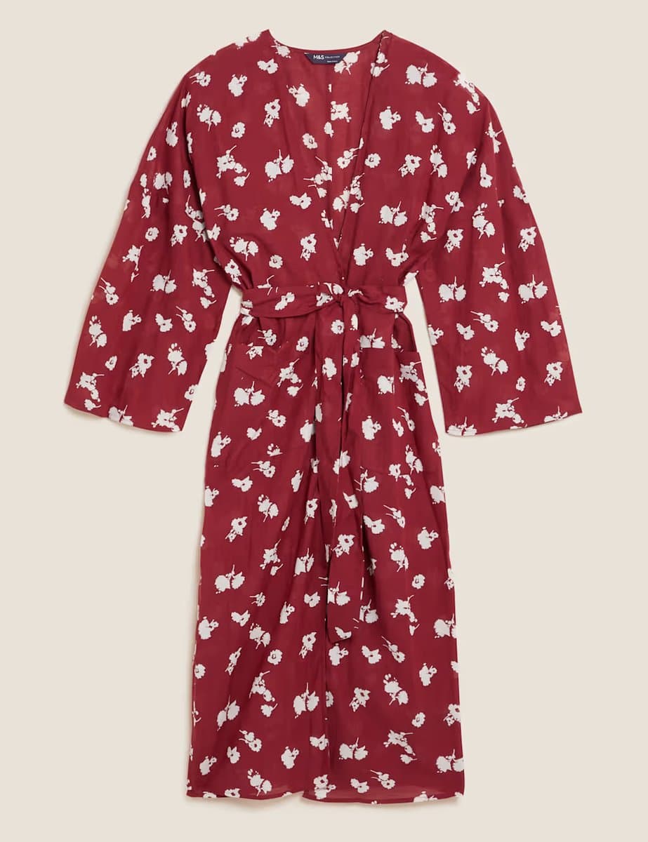 Marks & Spencer M&S Floral Relaxed Longline Kimono Top Red Mix