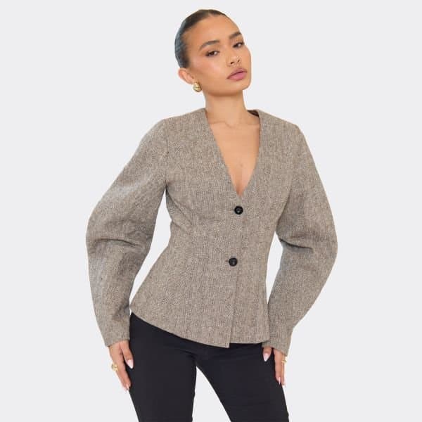 EGO EGO Chic Cinched Waist Blazer in Light Brown Chevron