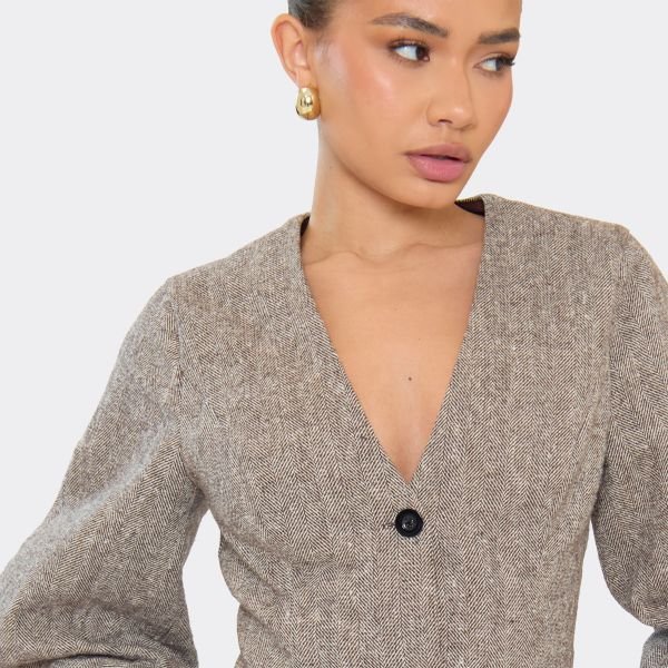 EGO Cinched Waist Button Detail Blazer In Light Brown Chevron, Women's Size UK 6 - 2