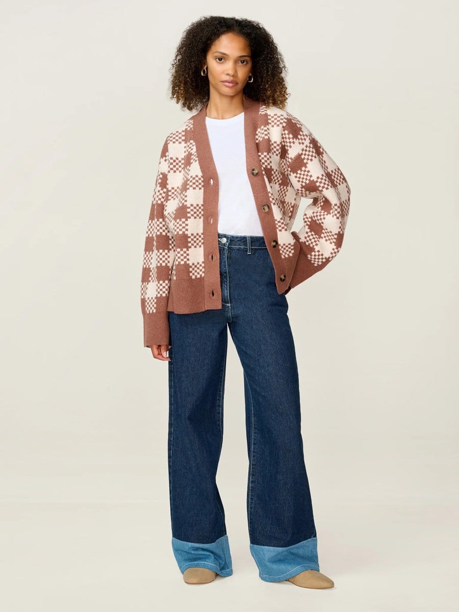 OMNES Athena Check Cardigan in Brown and Cream - 1