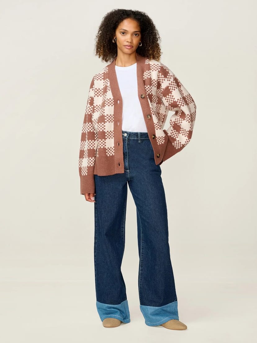 OMNES Athena Check Cardigan in Brown and Cream - 1