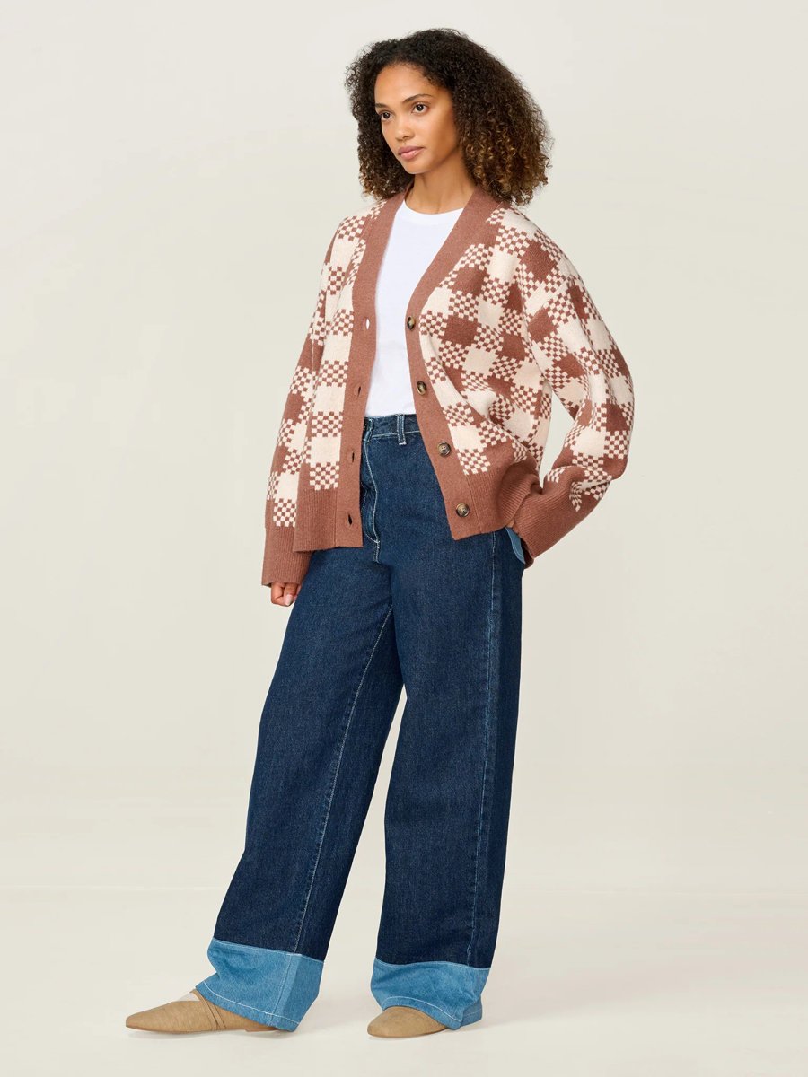 OMNES Athena Check Cardigan in Brown and Cream - 2