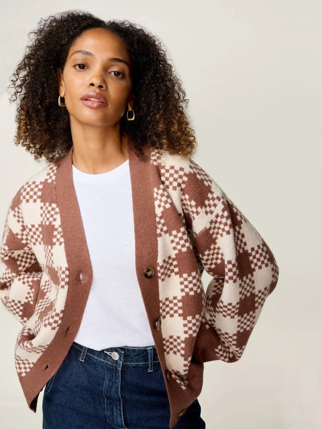 OMNES Athena Check Cardigan in Brown and Cream - 3