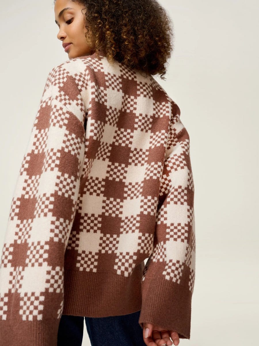 OMNES Athena Check Cardigan in Brown and Cream - 4