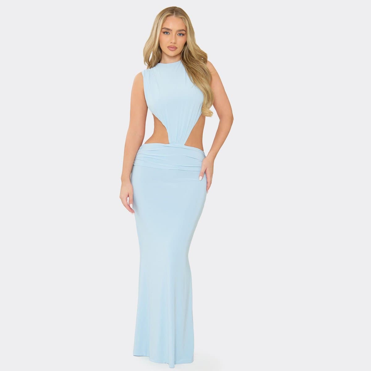 EGO Sleeveless Cut Out Open Back Ruched Maxi Dress In Baby Blue, Women's Size UK 6