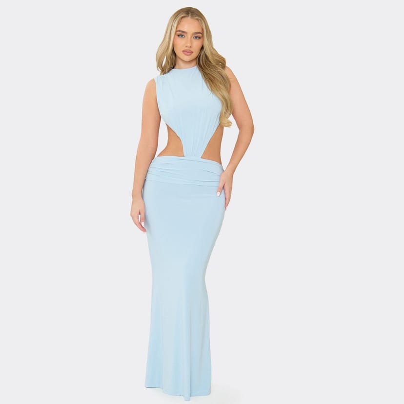 EGO Sleeveless Cut Out Open Back Ruched Maxi Dress In Baby Blue, Women's Size UK 6 - 1
