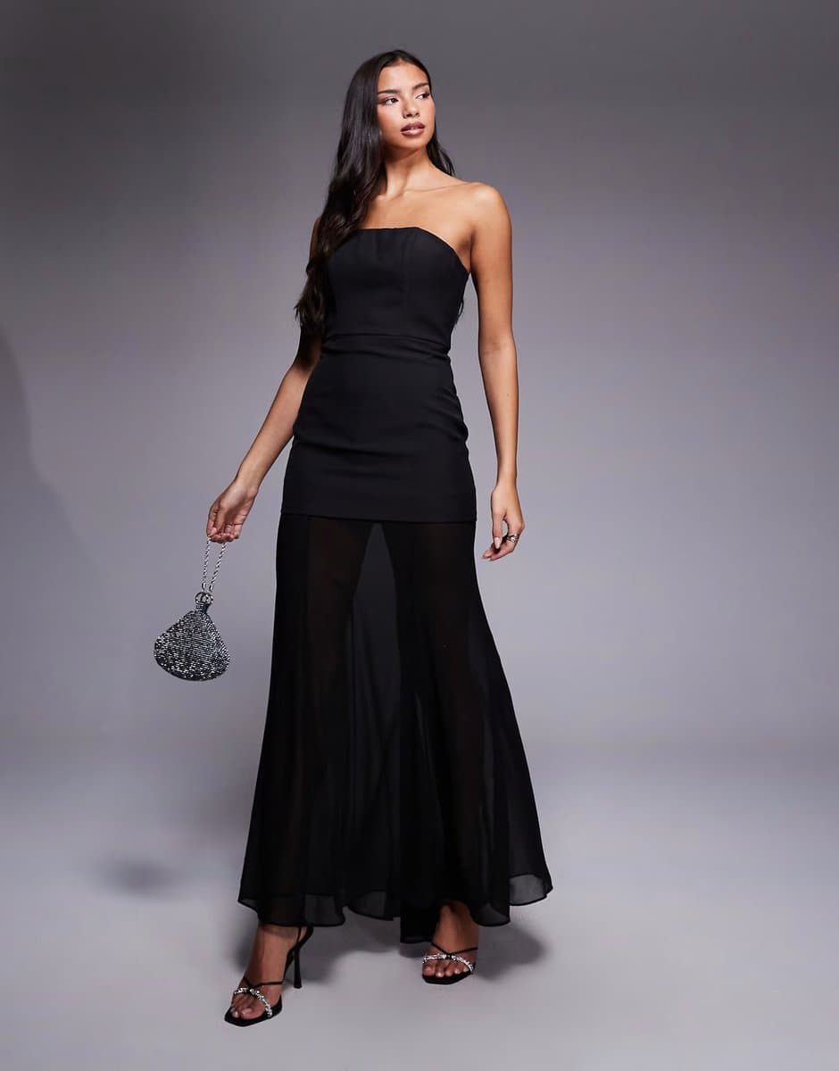 ASOS Jarlo Cora strapless bandeau sheer skirt maxi dress in black