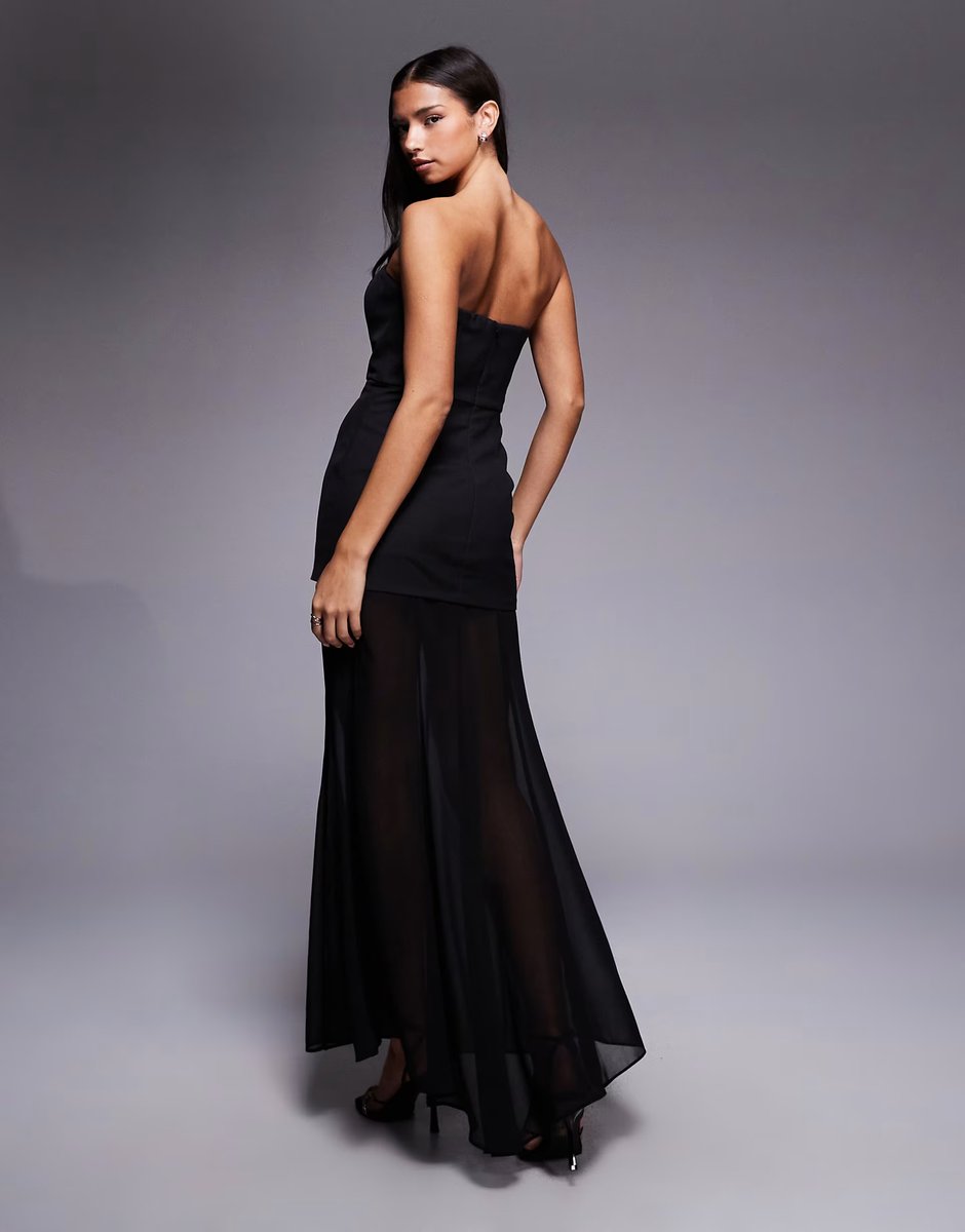 ASOS Jarlo Cora strapless bandeau sheer skirt maxi dress in black - 3