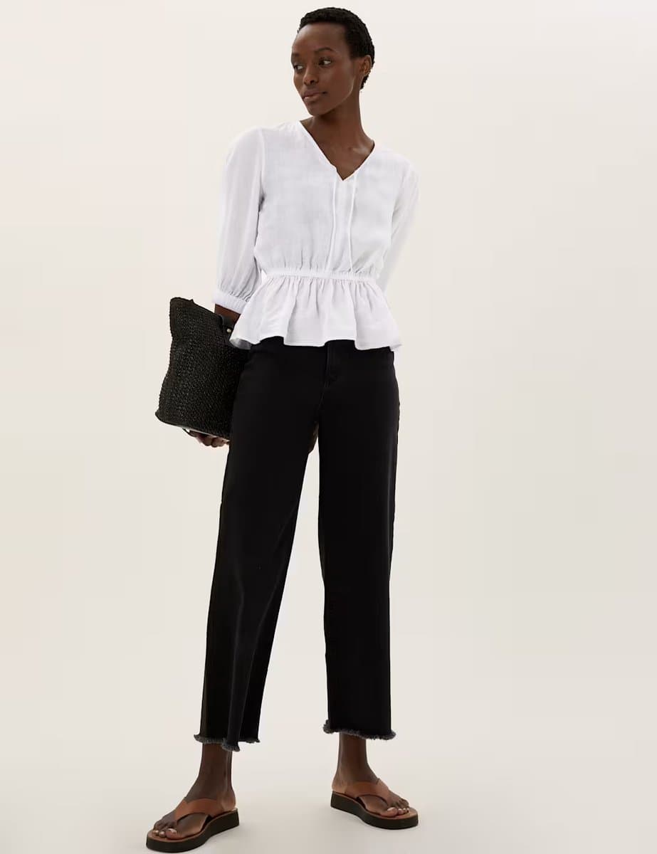 Marks & Spencer M&S Pure Linen V-Neck 3/4 Sleeve Peplum Top White