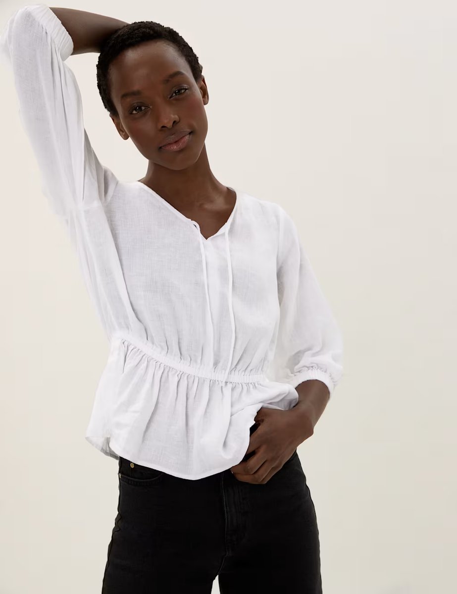 Marks & Spencer M&S Pure Linen V-Neck 3/4 Sleeve Peplum Top White - 2
