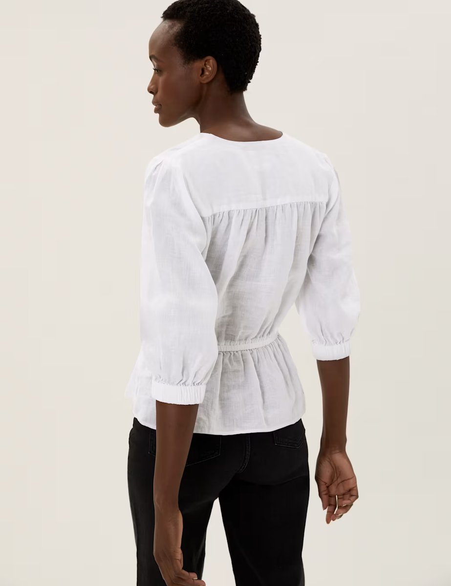 Marks & Spencer M&S Pure Linen V-Neck 3/4 Sleeve Peplum Top White - 3