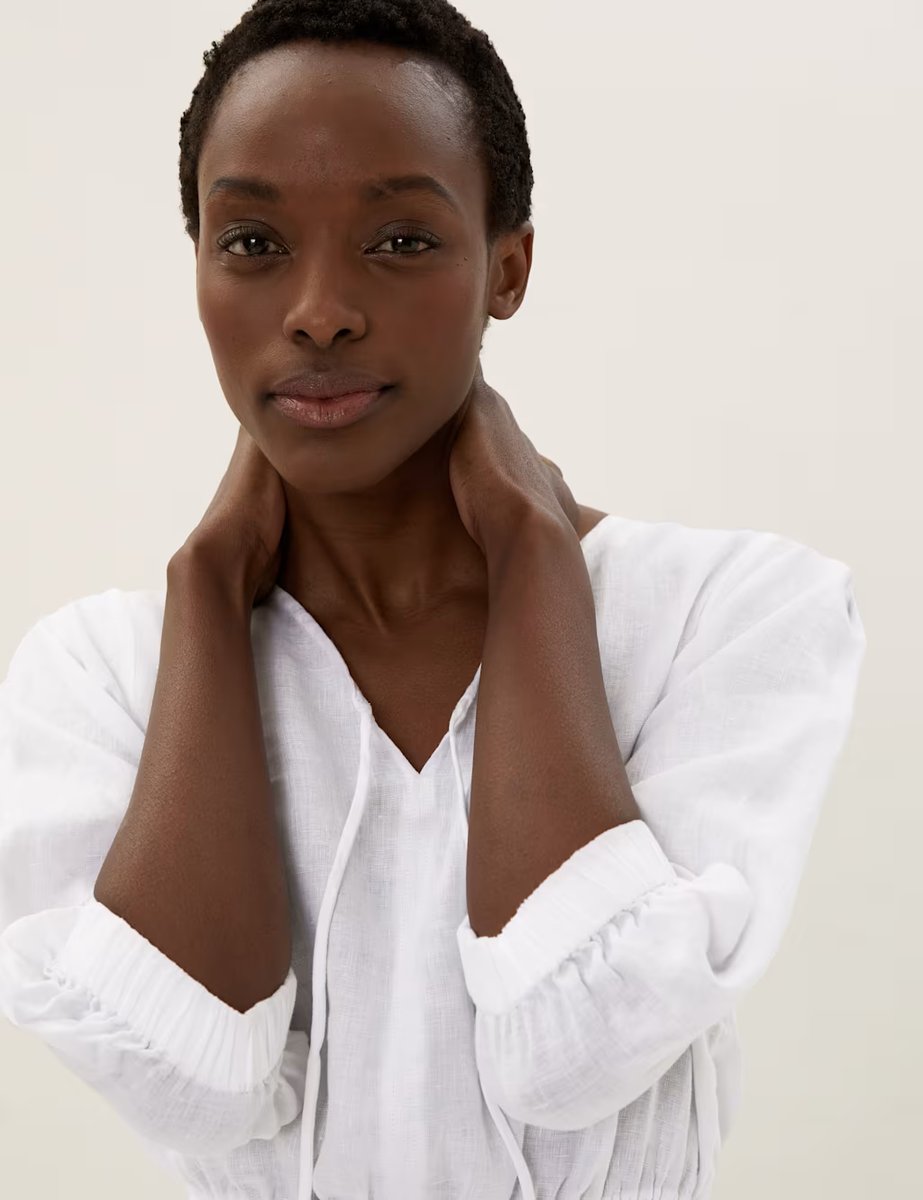 Marks & Spencer M&S Pure Linen V-Neck 3/4 Sleeve Peplum Top White - 4