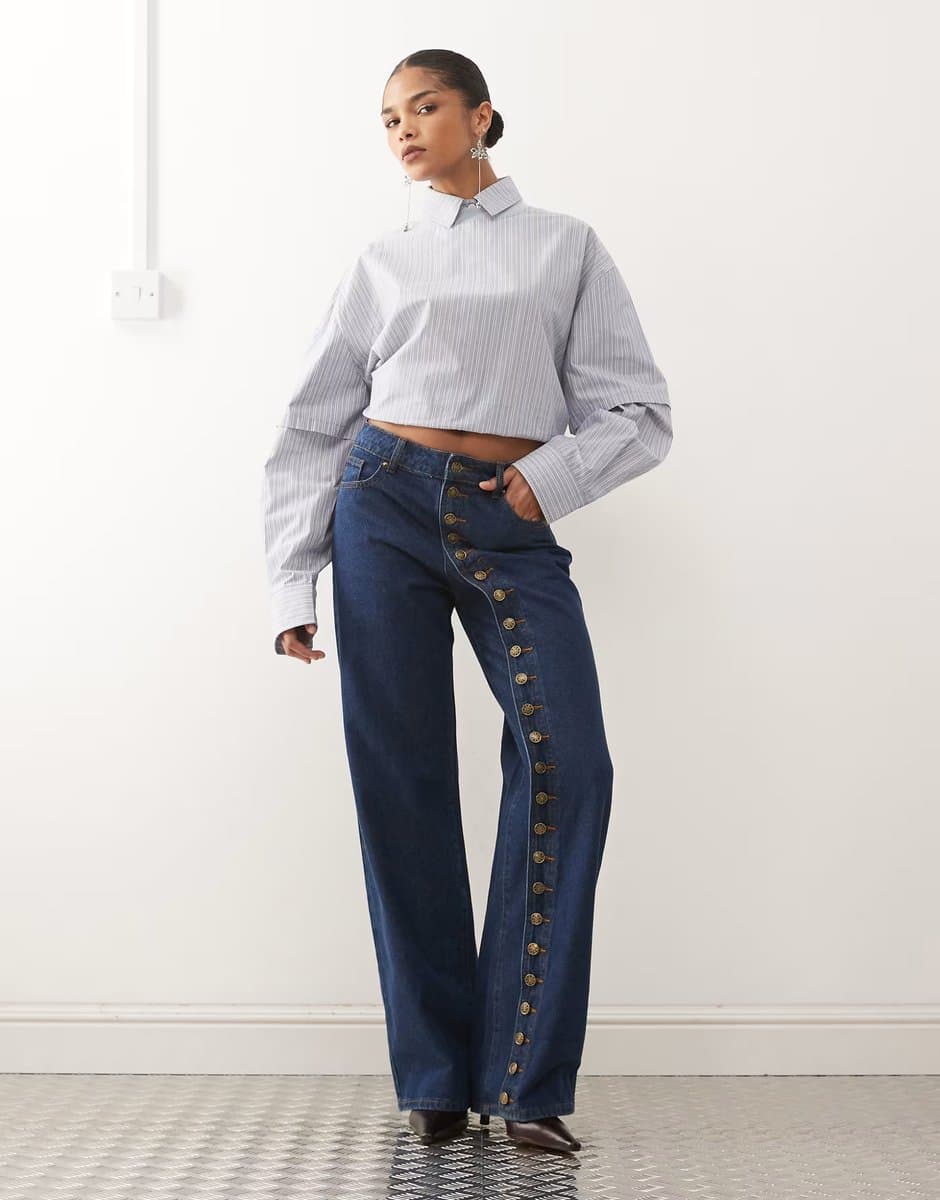 ASOS Lioness Penny asymmetric button detail wide leg jeans in mid wash