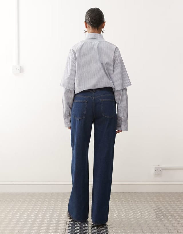 ASOS Lioness Penny asymmetric button detail wide leg jeans in mid wash - 3