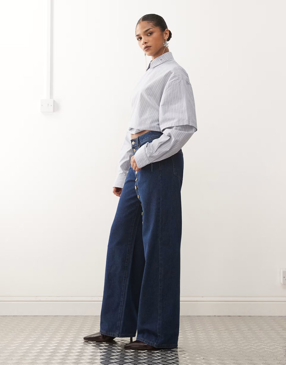ASOS Lioness Penny asymmetric button detail wide leg jeans in mid wash - 4
