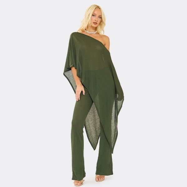 EGO EGO Mid Rise Flared Leg Trousers in Khaki Green