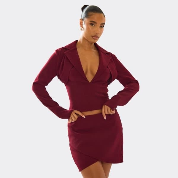 EGO Long Sleeve Draped Detail Cinched Waist Blazer Top In Plum, Women's Size UK 6