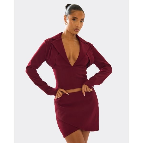 EGO Long Sleeve Draped Detail Cinched Waist Blazer Top In Plum, Women's Size UK 6 - 2