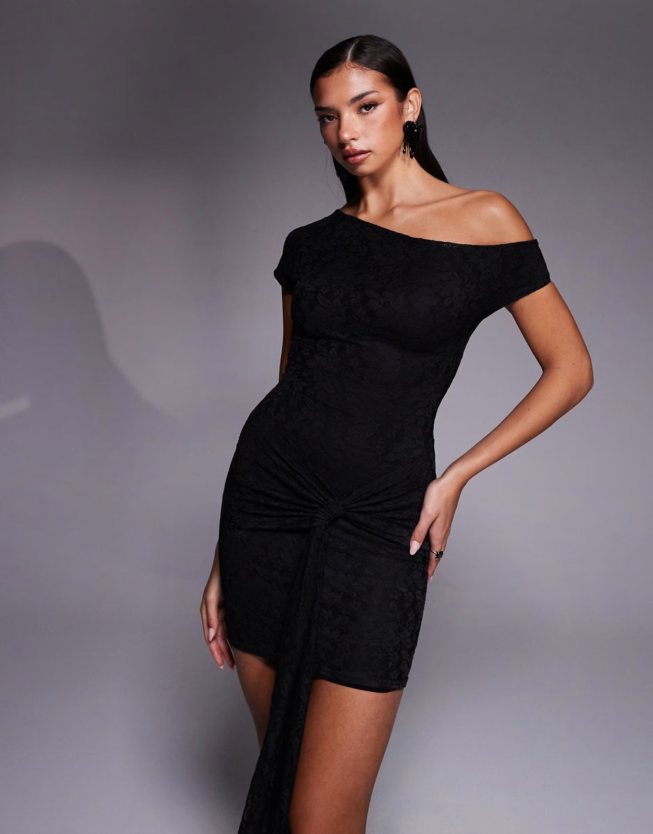 ASOS Kaiia exclusive lace off shoulder drape waist detail mini dress in black - 3
