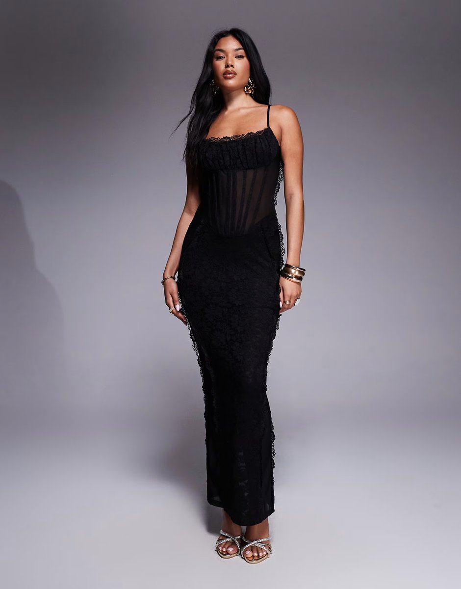 ASOS Murci exclusive lace corset detail cami maxi dress in black - 4
