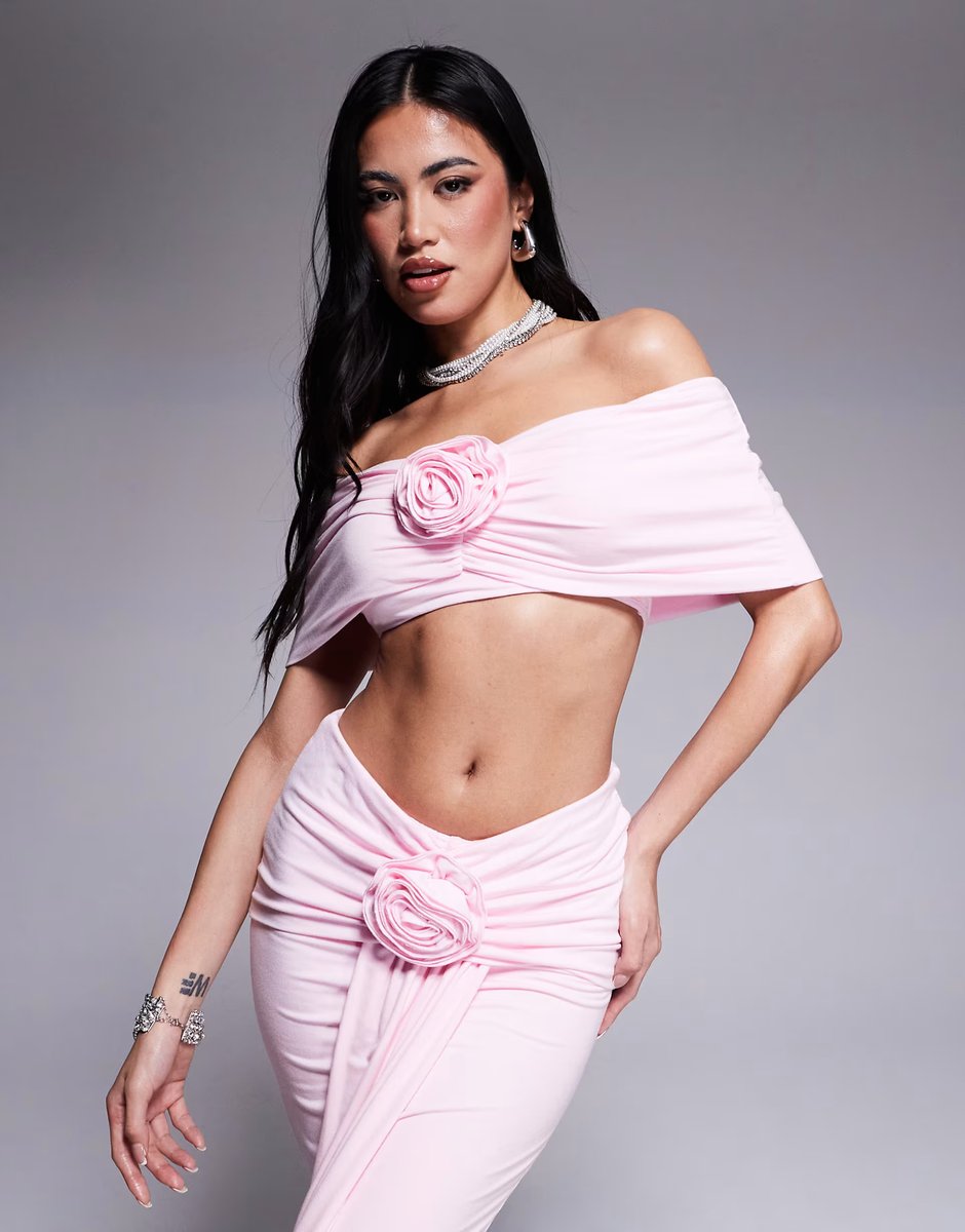 ASOS Wanderdoll Belle ruched bardot top and maxi skirt set with corsage drape detail in baby pink - 4