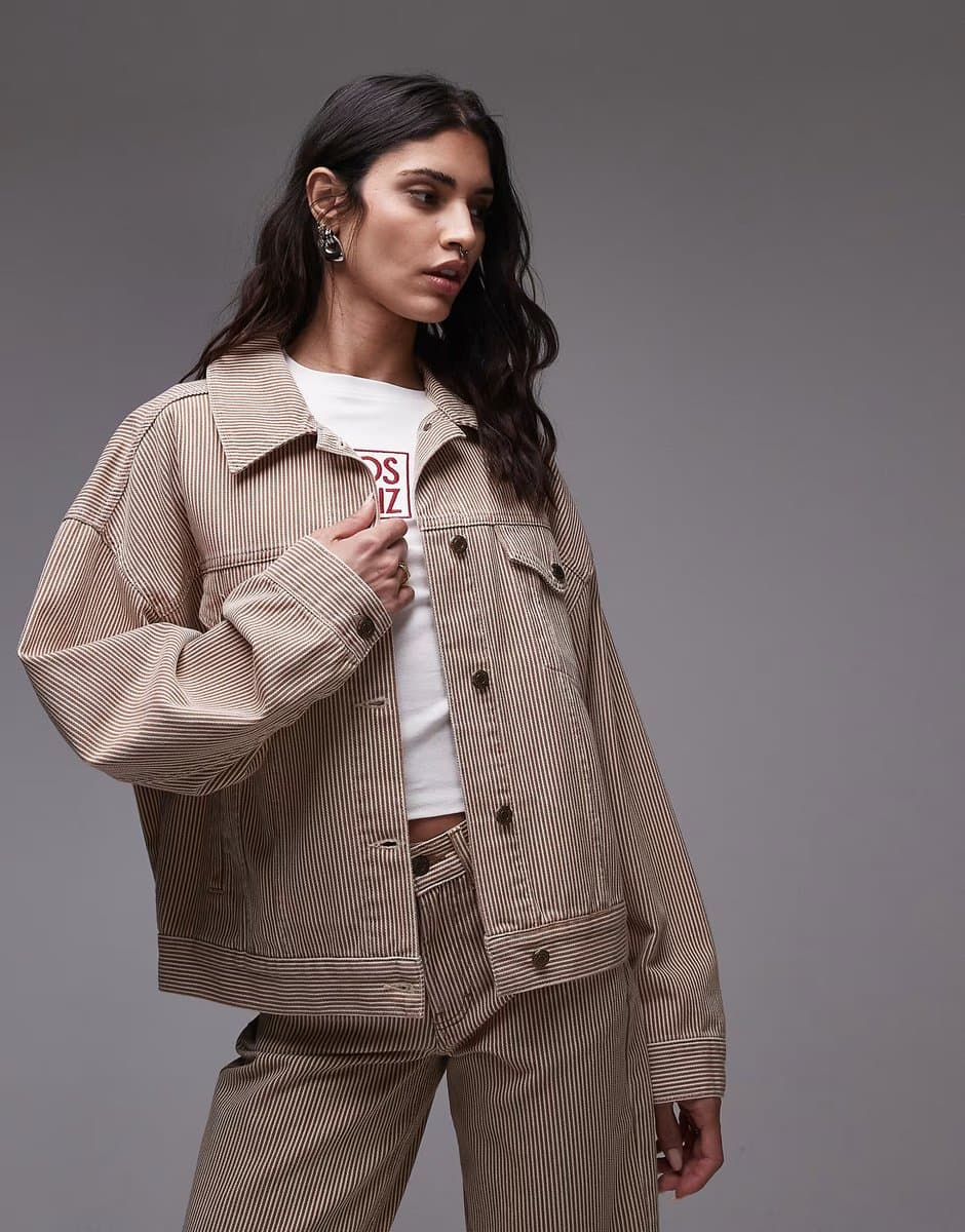 ASOS Topshop Balloon denim jacket in tan stripe