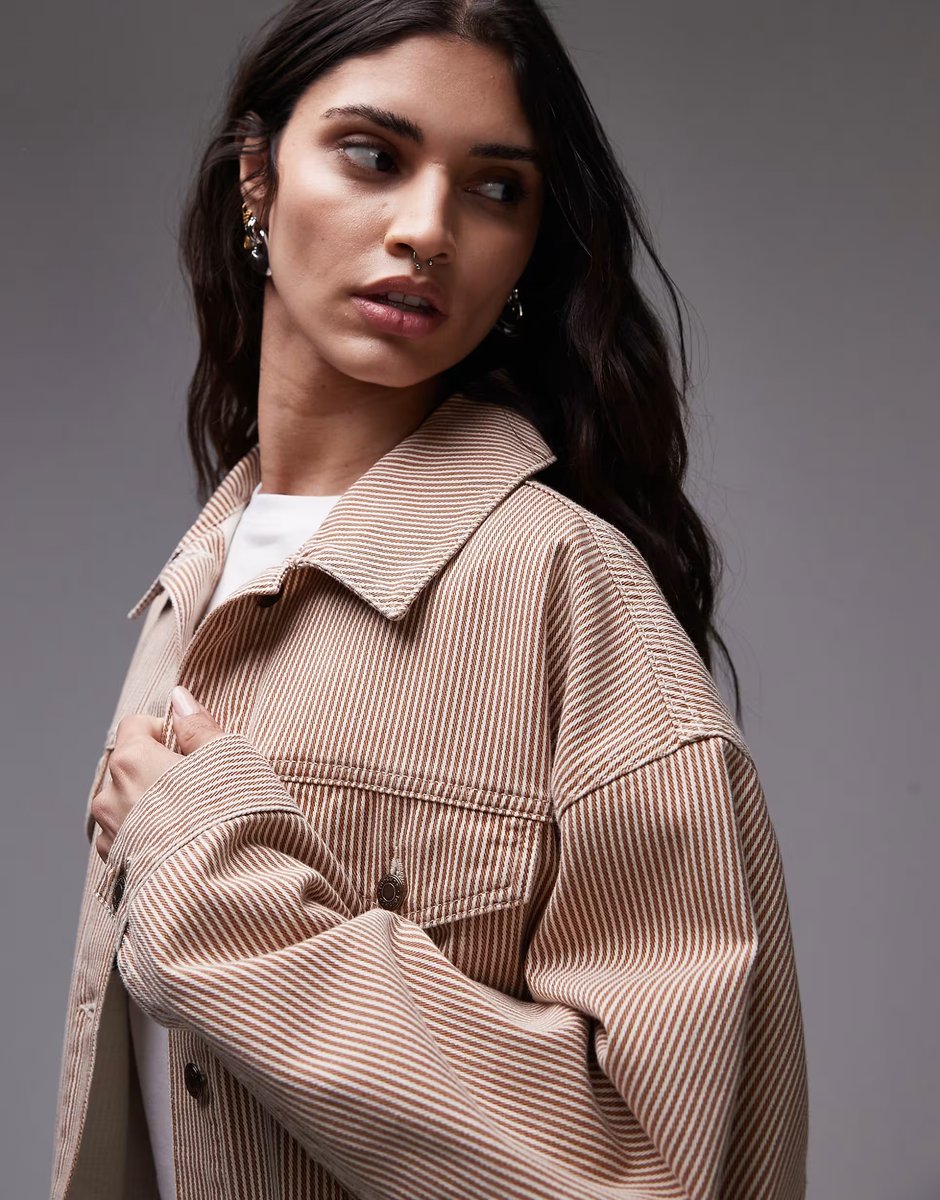 ASOS Topshop Balloon denim jacket in tan stripe - 3