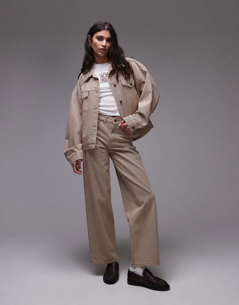 ASOS Topshop Balloon denim jacket in tan stripe - 4