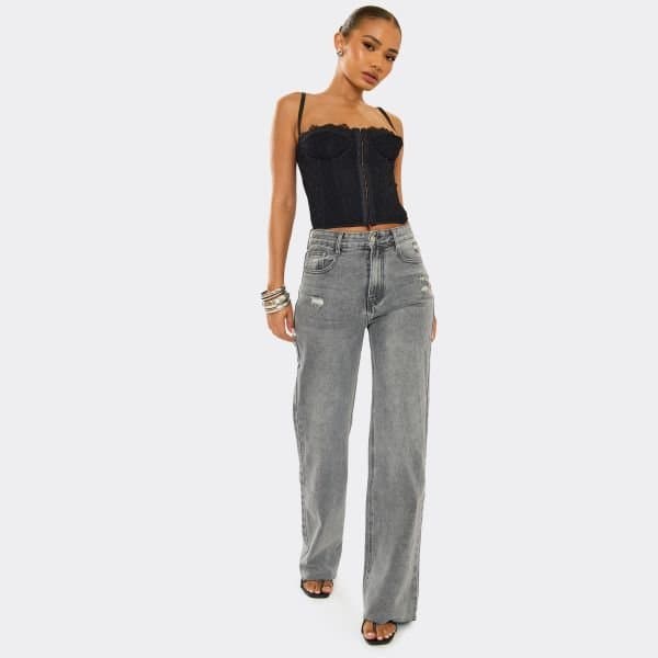 EGO EGO Distressed Straight Leg Mid Rise Jeans in Grey