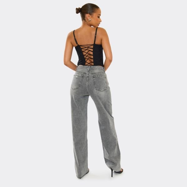 EGO Mid Rise Distressed Straight Leg Jeans In Grey Denim, Women's Size UK Extra Large XL - 2