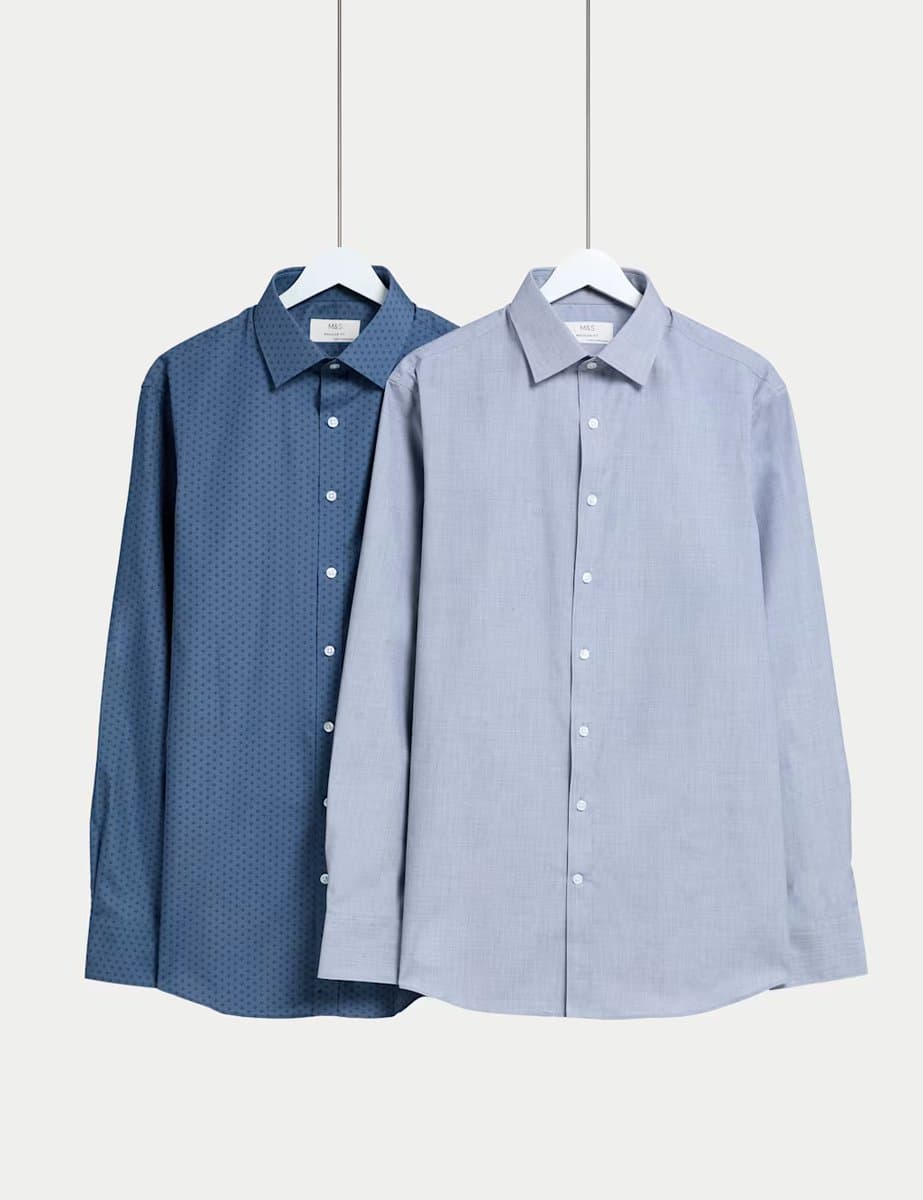 Marks & Spencer M&S 2 Pack Regular Fit Easy Iron Printed Shirts Blue Mix