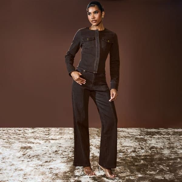 EGO Long Sleeve Button Down Cinched Waist Detail Top In Chocolate Brown Denim, Women's Size UK 6