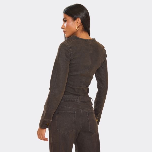 EGO Long Sleeve Button Down Cinched Waist Detail Top In Chocolate Brown Denim, Women's Size UK 6 - 2