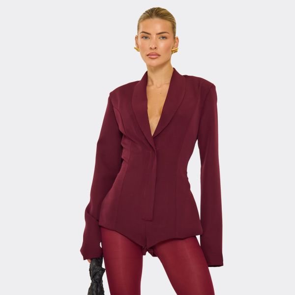 EGO Plunge Neck Shoulder Pad Detail Tailored Playsuit In Burgundy, Women's Size UK 4 - 1
