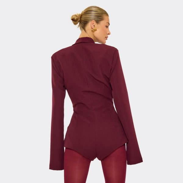 EGO Plunge Neck Shoulder Pad Detail Tailored Playsuit In Burgundy, Women's Size UK 4 - 2