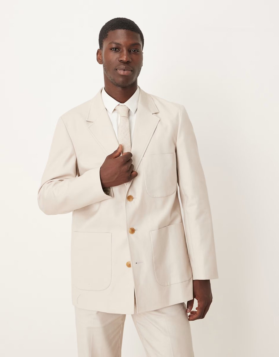 ASOS ASOS DESIGN cotton linen regular blend suit jacket in stone twill - 1