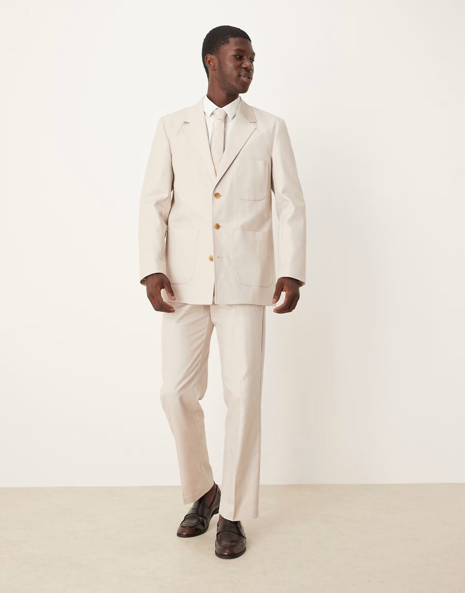 ASOS ASOS DESIGN cotton linen regular blend suit jacket in stone twill - 3