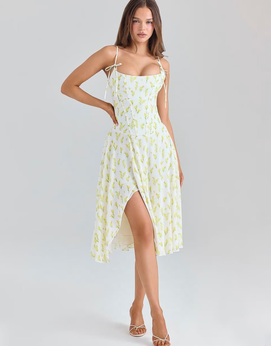 ASOS House of CB Yvette lemon floral print georgette midi dress in lemon floral