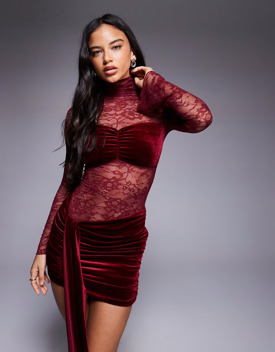 ASOS Wanderdoll Sasha lace high neck velvet drape detail mini dress in wine - 3