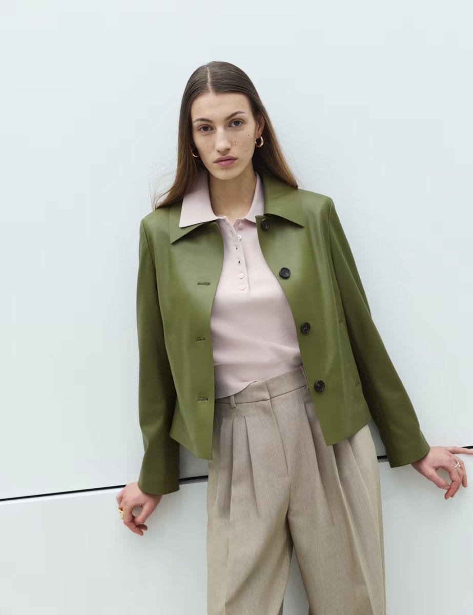 Marks & Spencer M&S Faux Leather Collared Jacket Bright Sage - 1