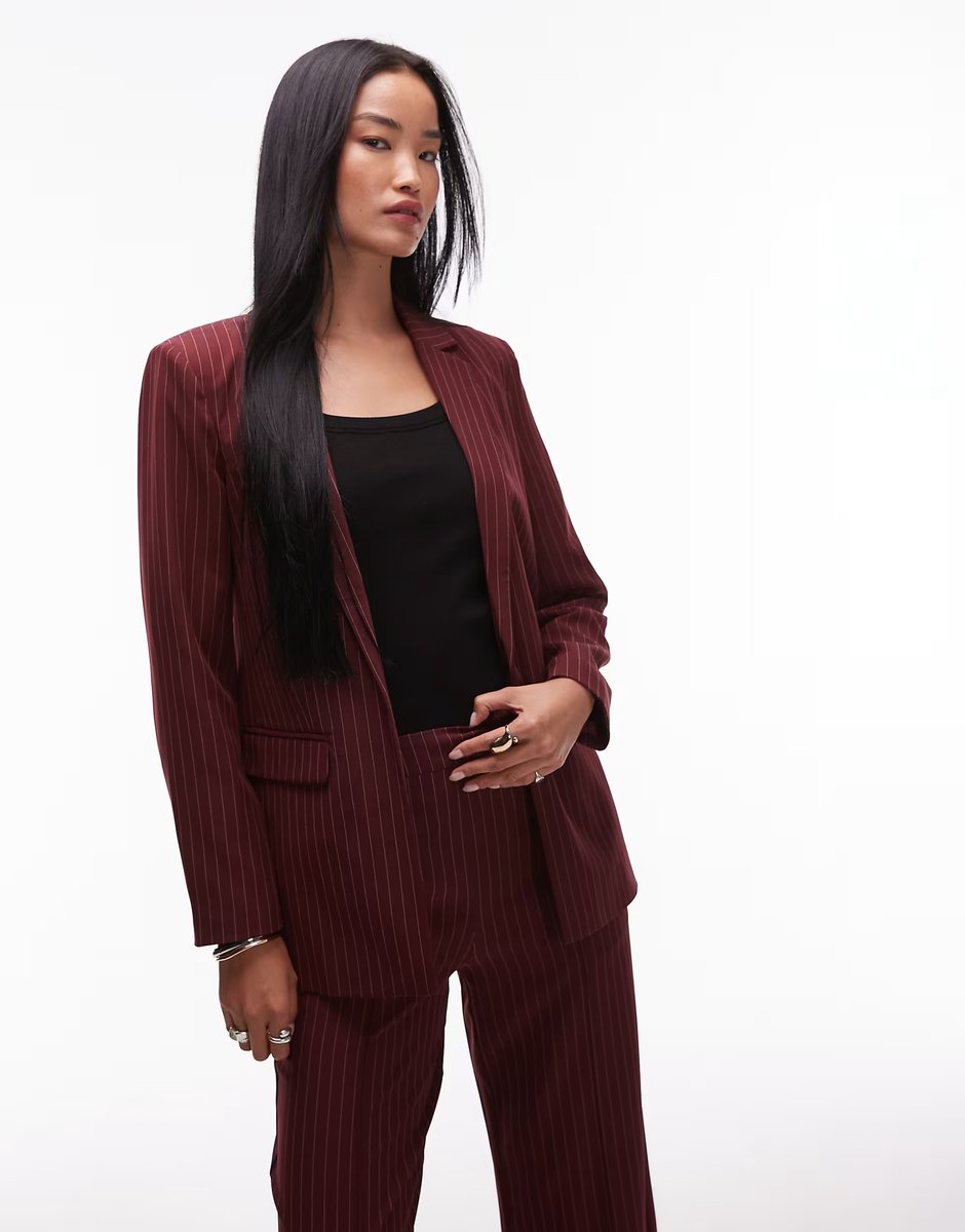 ASOS Pieces tailored blazer and trouser set in burgundy pinstripe - 2