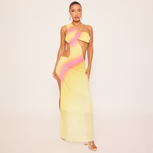 EGO One Shoulder Draped Cut Out Maxi Dress In Multi Ombre Print, Women's Size UK Large L